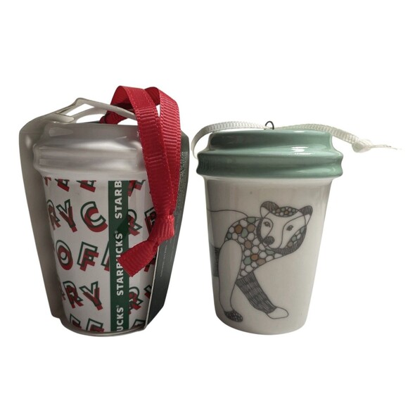 Starbucks x2 Ceramic Christmas Ornaments Mosaic Bear 2017 Merry Coffee 2019 Set - Picture 1 of 5